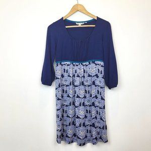 Boden Color Block Floral Blue Stretch Dress, Teal Velvet Trim, Size 6, EUC